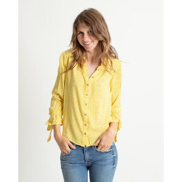 Maeve sz 6 tie scrunch wrist lemon yellow bright cottagecore button up EUC top - Picture 1 of 10